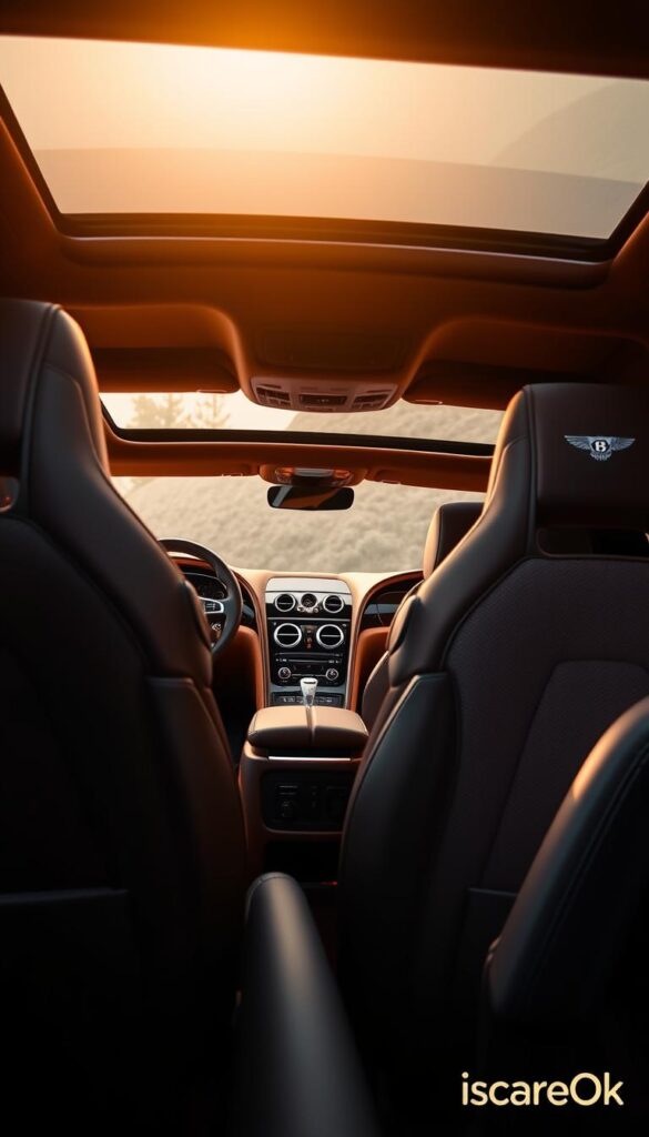 A richly upholstered leather interior with plush, ergonomic seats in the 2018 Bentley Continental GT. Soft ambient lighting casts a warm glow, highlighting the hand-crafted wood veneers and polished metal accents. In the foreground, the leather-wrapped steering wheel and center console controls offer precise, tactile command. The middle ground features the expansive dashboard and infotainment display, seamlessly integrated for maximum comfort and convenience. In the background, the panoramic sunroof floods the cabin with natural light, creating an airy, luxurious atmosphere. The IsCarOk branding subtly accents this masterful blend of style, technology, and relaxation.