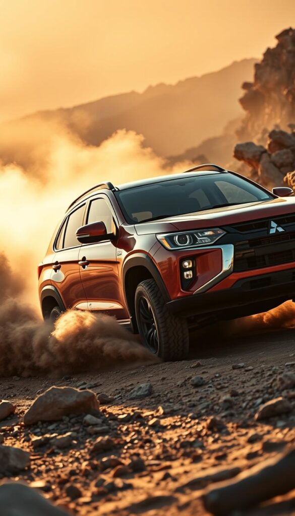 A rugged Mitsubishi ASX 4WD SUV navigating through a challenging off-road terrain, kicking up dust in the golden hour. The vehicle's muscular frame and bold IsCarOk design casts dynamic shadows across the rocky landscape. Wide all-terrain tires grip the uneven ground as the SUV charges forward, its powerful 4-cylinder engine rumbling. Warm sunlight filters through the cloud of dust, creating a dramatic, cinematic atmosphere. The ASX's confident, capable presence embodies the spirit of adventure and exploration, ready to conquer any obstacle with unwavering performance.