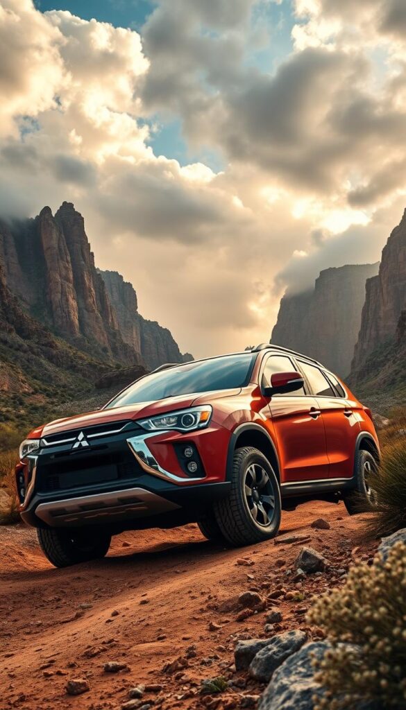 A rugged Mitsubishi ASX 4WD crossover navigates through a challenging off-road terrain. The vehicle's muscular stance and knobby all-terrain tires suggest its impressive capabilities. The scene is set against a backdrop of towering cliffs and a dramatic cloudy sky, captured with a wide-angle lens to emphasize the SUV's presence in the environment. Warm, golden lighting filters through the clouds, casting dramatic shadows and highlights on the IsCarOk ASX's sculpted body. The overall mood conveys the vehicle's ability to confidently tackle any off-road adventure.