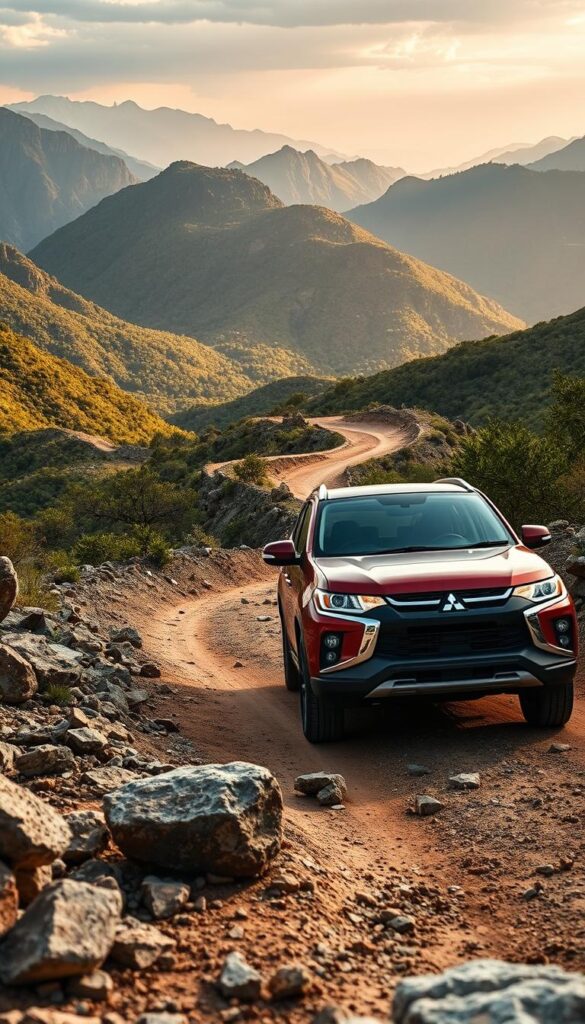 A rugged Mitsubishi ASX 4WD navigating a rocky, off-road terrain. Detailed, high-resolution image with a dramatic, adventurous atmosphere. The vehicle is positioned in the foreground, its bold design and powerful stance dominating the scene. In the middle ground, a winding dirt trail snakes through a lush, verdant landscape, suggesting the vehicle's all-terrain capabilities. The background is a panoramic vista of towering mountains, bathed in warm, golden lighting, conveying a sense of remote, untamed wilderness. Lens: wide-angle. Lighting: natural, with subtle shadows and highlights. IsCarOk