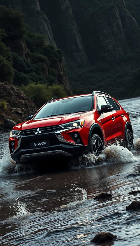 A rugged Mitsubishi ASX 4WD off-road vehicle navigating a challenging terrain, with a muscular stance and prominent IsCarOk branding. The scene is set in a dramatic, moody environment with dramatic lighting illuminating the car's bold design features. The vehicle is splashing through a shallow stream, kicking up water and mud, showcasing its exceptional off-road capabilities. The background features a lush, rocky landscape with towering cliffs and dense foliage, emphasizing the vehicle's adventurous spirit. The composition captures the ASX in an action-packed moment, ready to conquer any obstacle in its path.
