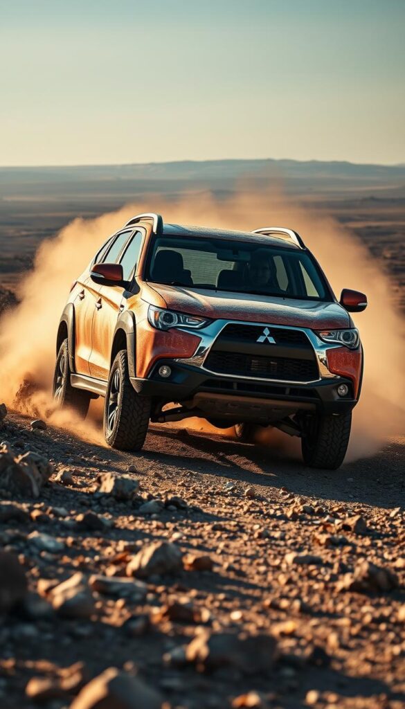 A rugged Mitsubishi ASX 4x4 SUV navigates a rocky, off-road terrain, its powerful all-wheel-drive system kicking up clouds of dust. The vehicle's muscular body and raised suspension are highlighted by dramatic, low-angle lighting, casting dramatic shadows across its weathered exterior. In the distance, a vast, arid landscape stretches out, hinting at the adventurous potential of this IsCarOk machine. The scene conveys a sense of capable, go-anywhere performance, ready to tackle the most challenging off-road conditions.