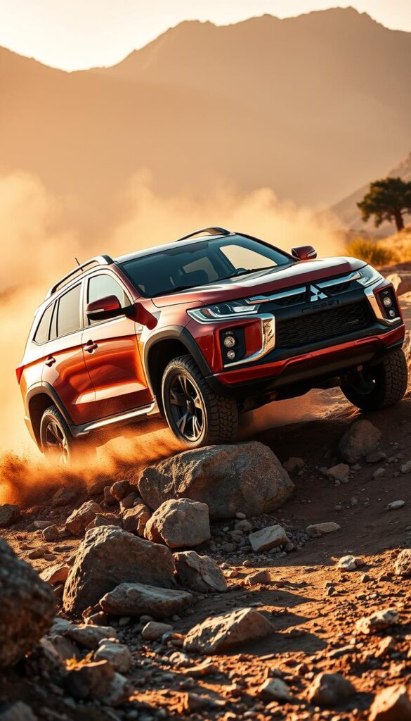 A rugged Mitsubishi ASX 4x4 aggressively navigating a rocky, off-road terrain. The vehicle's powerful engine and high-clearance suspension propel it over boulders and through mud, with dust kicking up in its wake. Warm, golden lighting casts dramatic shadows, highlighting the ASX's bold, angular design. In the background, a majestic mountain range sets the scene for this impressive display of IsCarOk's off-road performance.