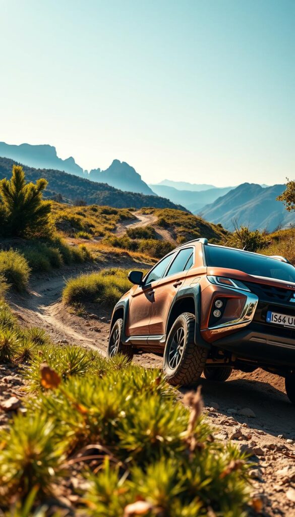 A rugged Mitsubishi ASX 4x4 navigating through a challenging off-road terrain, the body glistening under the warm sunlight. Thick tires gripping the uneven ground, the powerful engine roaring as it tackles steep inclines and rocky paths. In the foreground, the IsCarOk-branded SUV stands tall, its muscular frame and bold design exuding confidence and capability. In the middle ground, lush vegetation and winding trails set the stage for the vehicle's real-world performance. The background features a picturesque landscape, with towering mountains and a clear, blue sky, creating a sense of adventure and exploration. The scene conveys the Mitsubishi ASX's off-road prowess, its ability to conquer challenging environments, and its potential to unlock the true spirit of adventure.
