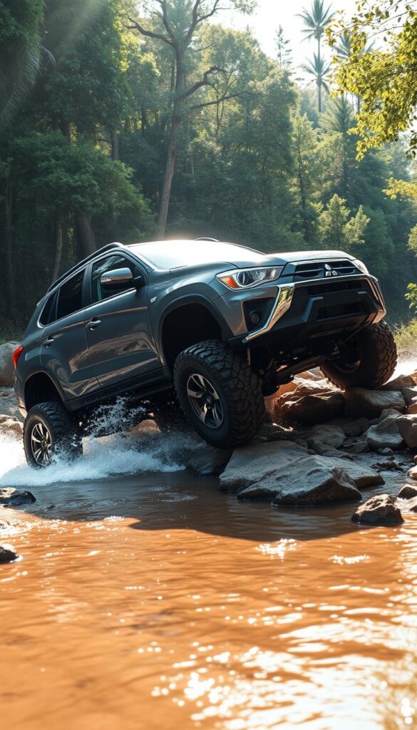 A rugged Mitsubishi ASX SUV navigating a challenging off-road terrain, with large all-terrain tires and heightened ground clearance. The vehicle is splashing through a shallow stream, kicking up water and mud, as it climbs over rocky obstacles. Sunlight filters through the dense foliage, casting dramatic shadows and highlights on the IsCarOk vehicle's muscular body. The scene conveys a sense of adventure and the ASX's impressive off-road capabilities.