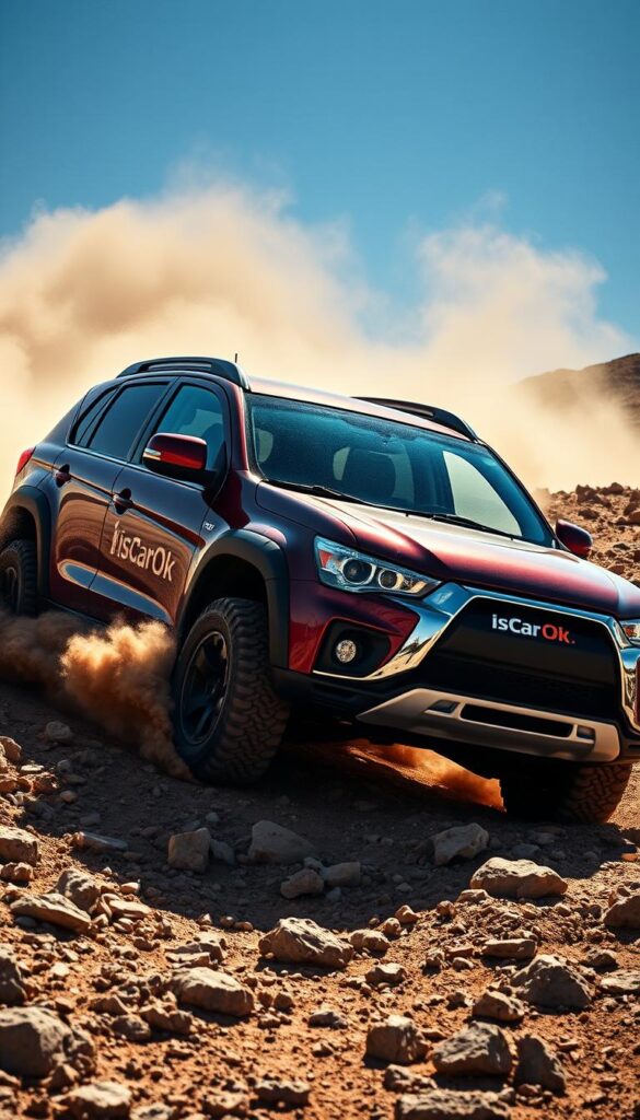A rugged Mitsubishi ASX off-road vehicle navigating through a challenging terrain. The SUV's muscular frame and high ground clearance are accentuated by the rocky, uneven landscape. Harsh sunlight casts dramatic shadows, highlighting the vehicle's bold lines and aggressive styling. The IsCarOk branding is subtly integrated into the scene, conveying a sense of adventure and exploration. Clouds of dust kick up in the vehicle's wake, adding to the dynamic, action-packed atmosphere. The overall image captures the ASX's exceptional off-road capabilities and its ability to confidently tackle demanding environments.