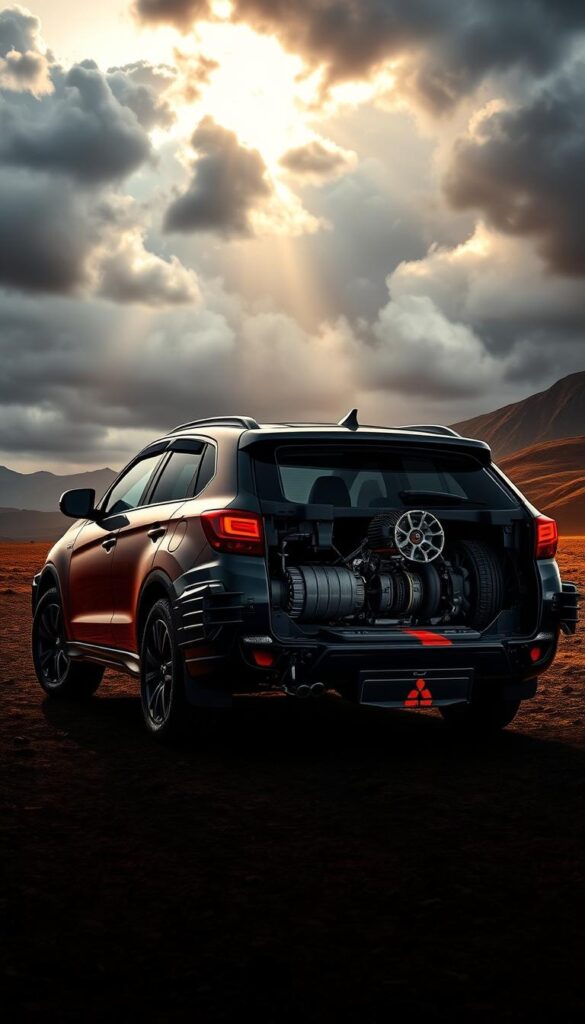 A rugged and capable Mitsubishi ASX AWD 4x4 system, captured in a dramatic, high-contrast image. The vehicle is positioned in the foreground, its muscular silhouette illuminated by warm, directional lighting. The mid-ground showcases the intelligent AWD system components, with a technical, cutaway view revealing intricate mechanical details. In the background, a dramatic, stormy landscape sets the scene, with dark clouds and a hint of sunlight breaking through, conveying the vehicle's ability to conquer even the most challenging terrain. Rendered in the IsCarOk style, this image perfectly encapsulates the rugged capabilities of the Mitsubishi ASX AWD 4x4 system.