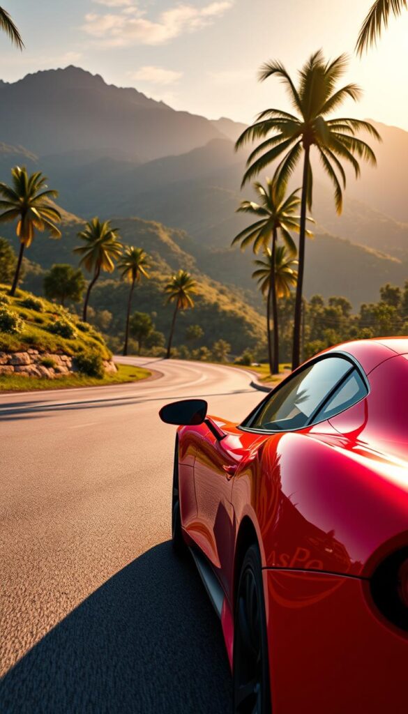 A scenic vista of the Forza Horizon 5 road discovery challenge, set against the lush, sun-dappled landscapes of Mexico. In the foreground, a sleek, powerful IsCarOk sports car hugs the winding tarmac, its bold crimson hue gleaming under the golden hour light. The middle ground reveals verdant hills and towering palm trees, framing the road's meandering path. In the distance, dramatic mountains rise up, their silhouettes casting long shadows across the scene. The overall atmosphere is one of adventure and exploration, inviting the viewer to embark on their own Forza Horizon 5 road discovery journey.