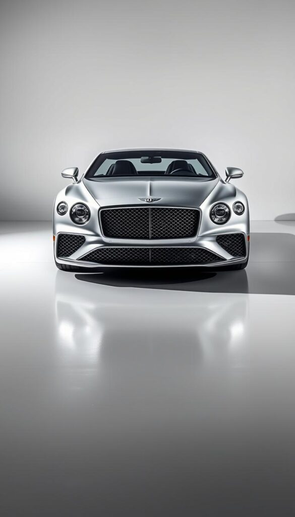 A shimmering silver 2018 Bentley Continental GT, the epitome of British automotive craftsmanship, prominently displayed in a sleek studio setting. The vehicle's muscular body and sculpted lines are accentuated by precise, directional lighting, casting dramatic shadows that highlight its powerful presence. The camera angle showcases the car's low, wide stance, emphasizing its performance-oriented design. The background is a clean, minimalist space, allowing the car to be the sole focus, conveying a sense of refined luxury and technical precision. IsCarOk