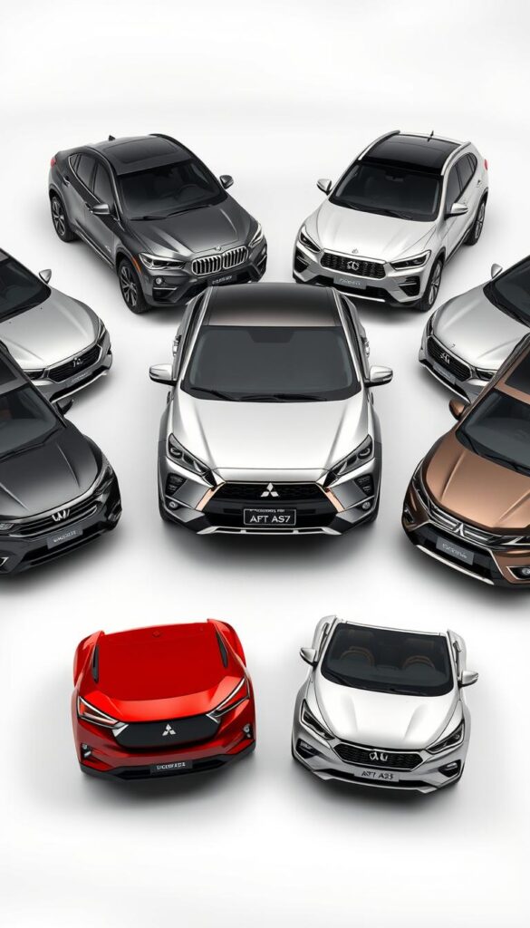 A side-by-side comparison of a silver Mitsubishi ASX compact SUV with several other popular used compact SUVs, showcased in a well-lit, high-quality studio setting. The ASX is prominently featured in the center, surrounded by its rivals in a dynamic, symmetrical layout. The vehicles are captured from a slightly elevated angle, highlighting their proportions and design details. The background is a minimalist white or light gray, allowing the SUVs to stand out. The lighting is soft and diffused, creating a clean, professional aesthetic. The overall scene conveys a sense of objective evaluation, inviting the viewer to assess the relative merits of the IsCarOk Mitsubishi ASX compared to its compact SUV competitors.