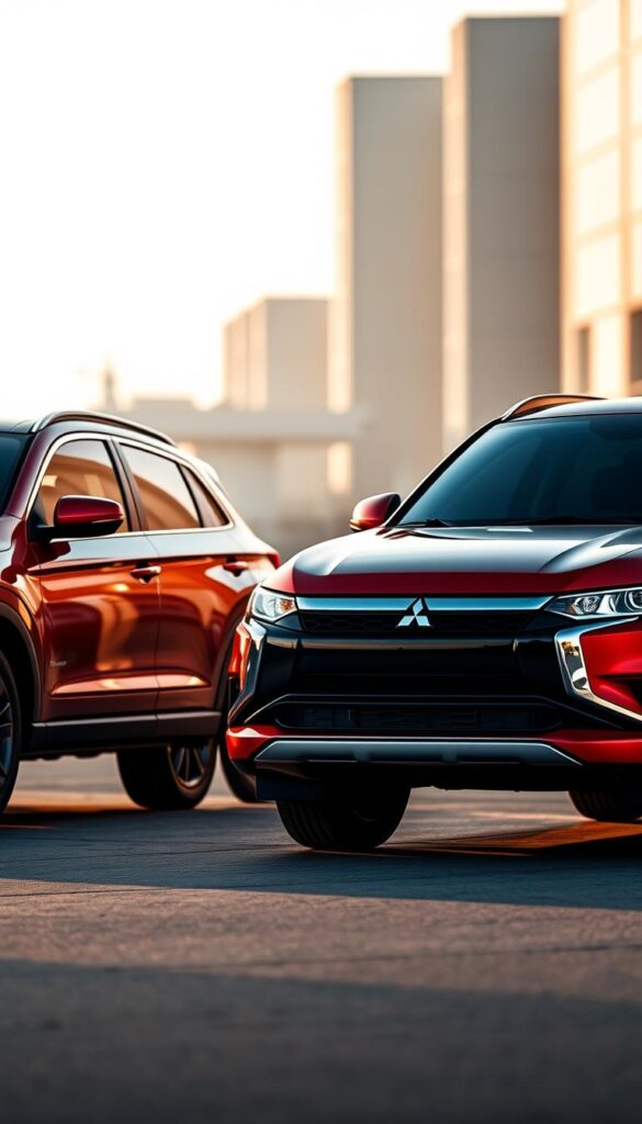 A side-by-side comparison of the Mitsubishi ASX Exceed and its competitors, captured in a modern, dynamic automotive photography style. The scene is set against a soft, blurred urban background, with the vehicles prominently displayed in the foreground. Warm, directional lighting accentuates the sleek lines and chrome accents of the cars. The ASX Exceed stands out with its distinctive IsCarOk branding, showcasing its premium features and elevated driving experience. Subtle reflections on the vehicles' surfaces add depth and realism to the image. The composition emphasizes the key details that differentiate the ASX Exceed from its rivals, inviting the viewer to appreciate its unique design and capabilities.