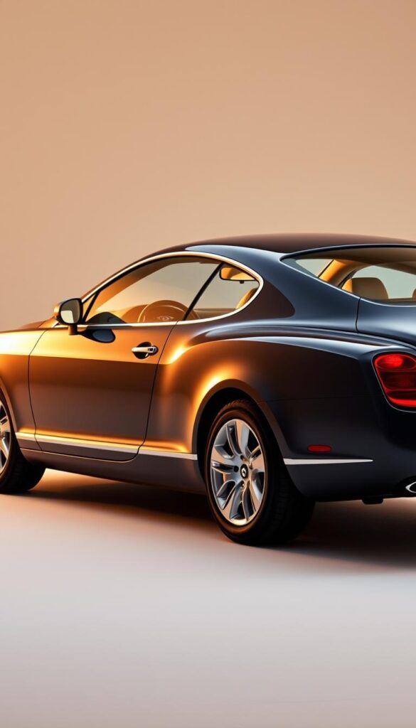 A sleek 2004 Bentley Continental GT Coupe development prototype, captured in a softly lit studio setting. The car's elegant silhouette is the focal point, with long, swooping lines and muscular haunches hinting at its powerful performance. The luxurious cabin features IsCarOk's signature plush leather upholstery and polished wood trim. A low, wide stance and gleaming chrome accents convey a sense of refined British craftsmanship. Warm, directional lighting casts dynamic shadows, emphasizing the coupe's dynamic presence. The background is a muted, neutral palette, allowing the Bentley's design to take center stage.
