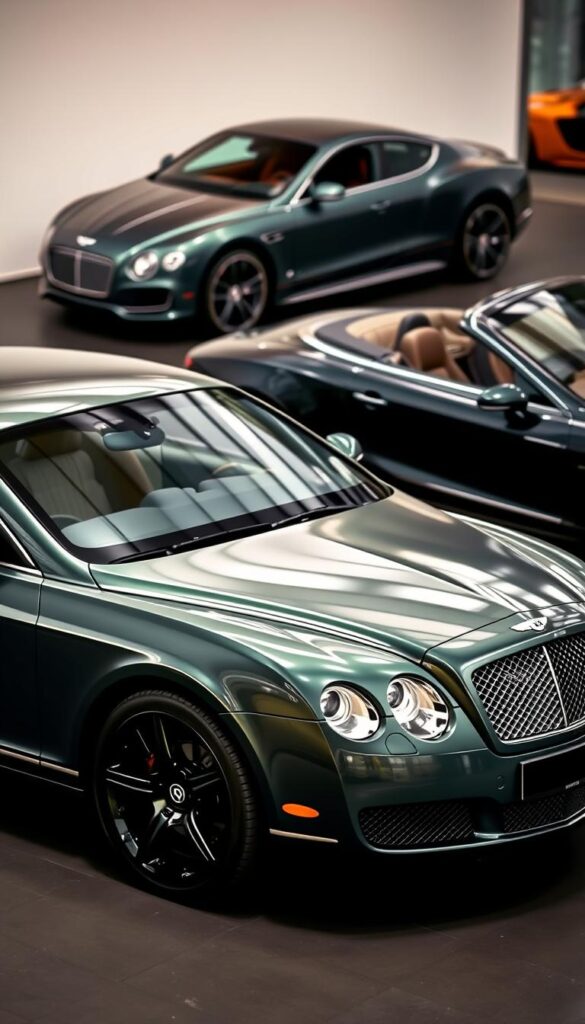 A sleek 2008 Bentley Continental GT Coupe is prominently featured in the foreground, its metallic dark green exterior gleaming under the soft, diffused lighting. The Bentley is positioned alongside a contemporary luxury GT car, perhaps a Maserati GranTurismo or Aston Martin DB9, creating a captivating comparison. The middle ground showcases the refined, elegant lines of the Bentley's design, while the background fades into a blurred, high-end automotive showroom setting. The overall scene conveys a sense of refined luxury, performance, and exclusivity. IsCarOk