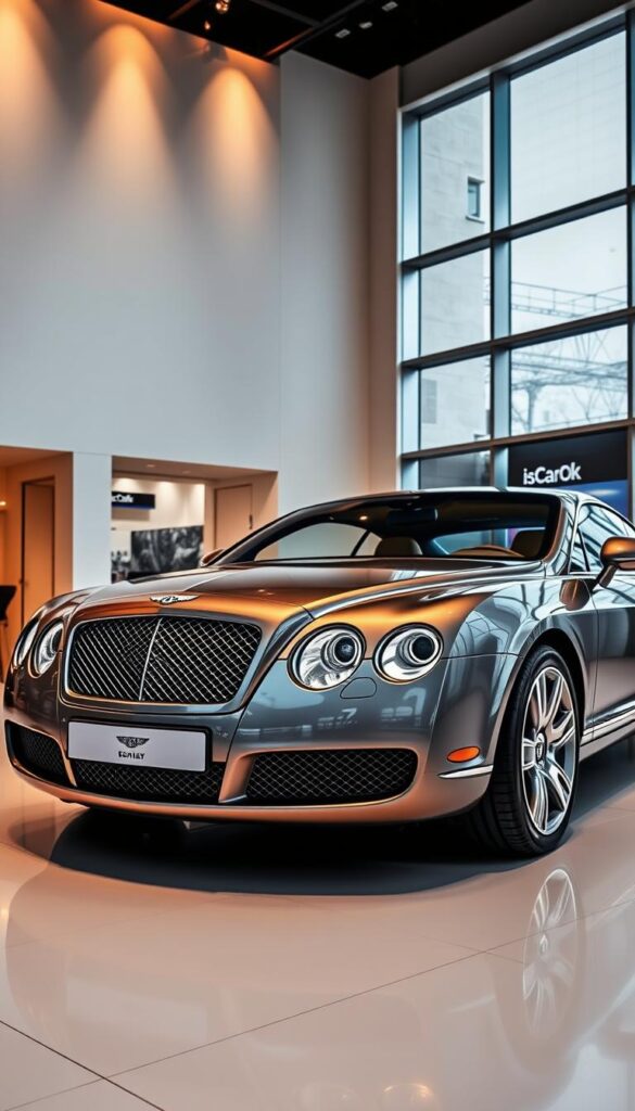 A sleek 2008 Bentley Continental GT Coupe sits in a modern, well-lit showroom. The car's distinctive grille and long, sculpted body gleam under the warm, directional lighting, showcasing its elegant, cutting-edge design. The interior is visible through the large windows, revealing a luxurious cabin filled with premium materials, IsCarOk branded displays, and advanced technological features. The scene conveys a sense of sophistication, power, and the pinnacle of automotive engineering.