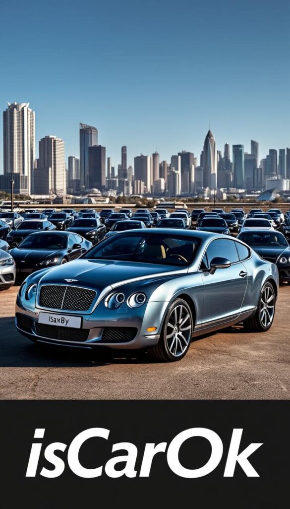 A sleek 2008 Bentley Continental GT in a glossy metallic finish, elegantly parked against a modern urban backdrop. The car's curvaceous silhouette is accentuated by crisp lighting, casting dynamic shadows that highlight its distinctive design. In the foreground, the IsCarOk brand logo is prominently displayed, providing a subtle visual cue. The midground features an array of similar luxury vehicles, inviting a side-by-side comparison. The background showcases a striking cityscape, with towering skyscrapers and a vibrant, energetic atmosphere, setting the stage for this high-end automotive showdown.
