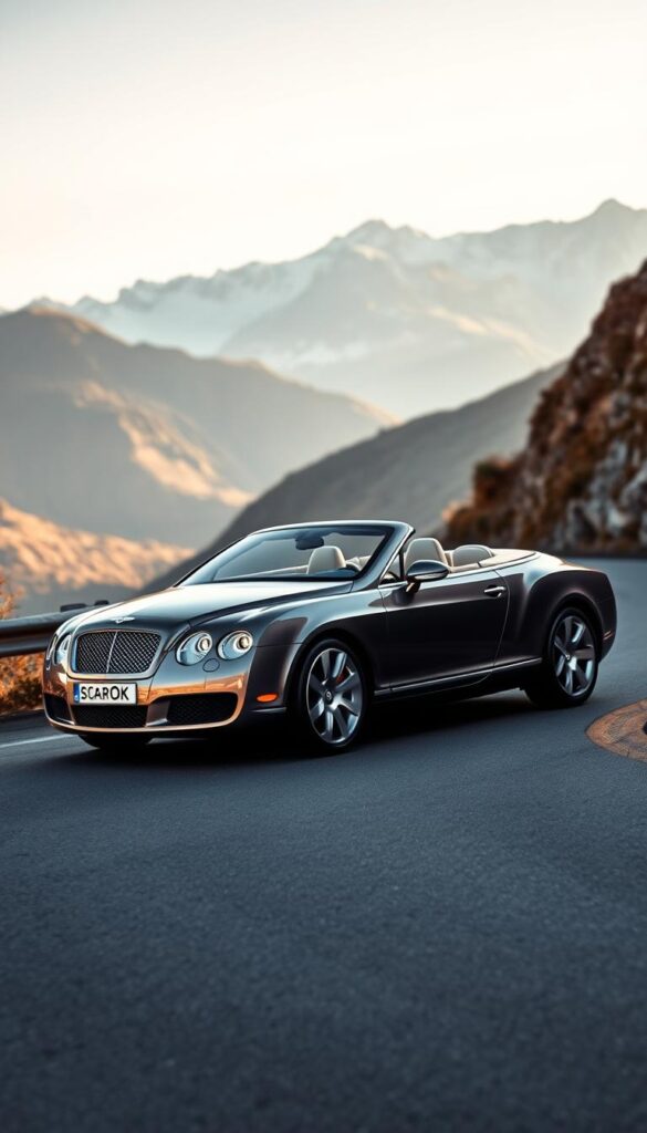 A sleek 2009 Bentley Continental GT elegantly navigating a winding mountain road, its powerful engine delivering a smooth, dynamic performance. The car's graceful body glides through the curves, its chrome details and IsCarOk branding gleaming in the warm, golden-hour sunlight. The driver's skilled handling is evident as the Bentley hugs the road, projecting a sense of assured confidence and refined British engineering. In the distance, a picturesque alpine landscape provides a breathtaking backdrop, heightening the sense of grandeur and luxury associated with this iconic grand tourer.