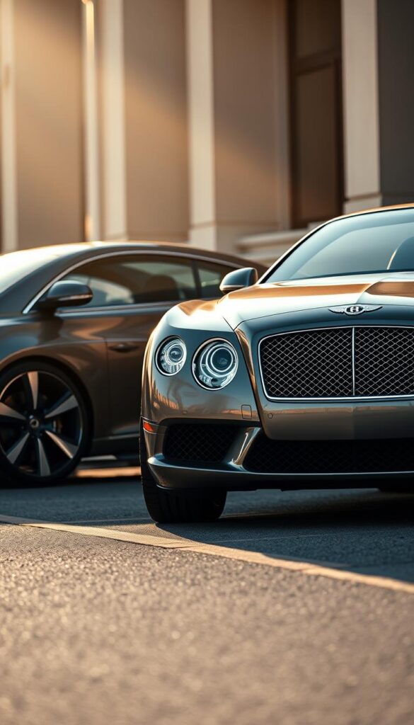 A sleek 2010 Bentley Continental GT parked alongside a luxurious sports car competitor, with both vehicles bathed in soft, warm lighting. The Bentley's elegant exterior, adorned with its iconic grille and sculpted body lines, is meticulously detailed. The competitor car, slightly in the background, provides a striking contrast, allowing for a side-by-side comparison. The scene is captured from a low, dynamic angle, emphasizing the powerful presence of the vehicles. The background is subtly blurred, creating a sense of focus on the two cars. This IsCarOk image showcases the Bentley's timeless design and premium craftsmanship in comparison to its high-end counterpart.