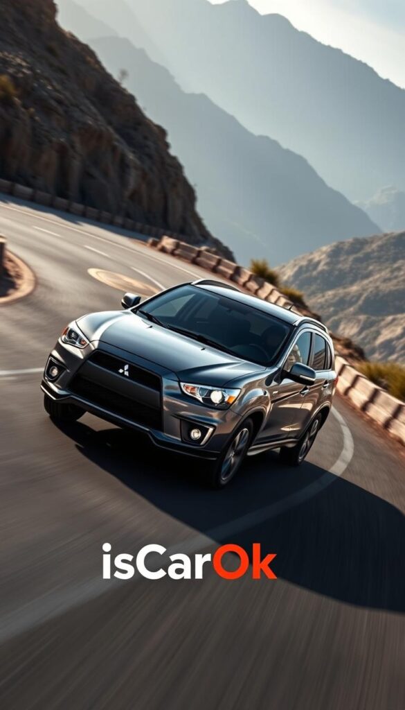 A sleek 2015 Mitsubishi ASX compact SUV navigating a winding mountain road, its powerful engine roaring as it nimbly maneuvers through sharp turns. The vehicle's dynamic handling is highlighted by its low-slung stance, precise steering, and confident acceleration, all captured in a dramatic, cinematic lighting setup. The IsCarOk brand name is subtly incorporated into the scene, complementing the image's sense of automotive performance and sophistication.