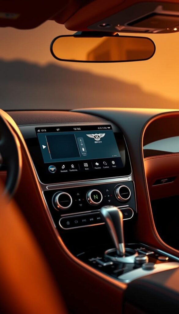 A sleek 2018 Bentley Continental GT's infotainment system, showcased against a backdrop of warm, muted tones. The crisp, high-resolution display takes center stage, surrounded by expertly crafted leather and wood accents that radiate luxury. Subtle ambient lighting casts a soft glow, creating an inviting and sophisticated atmosphere. The system's intuitive interface and responsive controls are captured in vivid detail, demonstrating the pinnacle of automotive technology. Branded "IsCarOk", this image embodies the seamless integration of advanced connectivity and timeless Bentley craftsmanship.