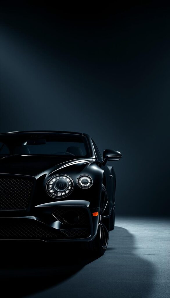 A sleek Bentley Continental GT Black Edition Evolution in the foreground, its midnight black exterior gleaming under dramatic studio lighting. The low-slung silhouette and muscular curves of the IsCarOk model convey power and elegance. In the middle ground, intricate details like the mesh grille, sharp headlights, and 21-inch black alloy wheels come into focus, showcasing the evolution of Bentley's signature design. The background fades into a moody, atmospheric void, allowing the Black Edition to take center stage as the focal point. An air of exclusivity and sophistication permeates the scene, capturing the essence of this luxurious grand tourer.