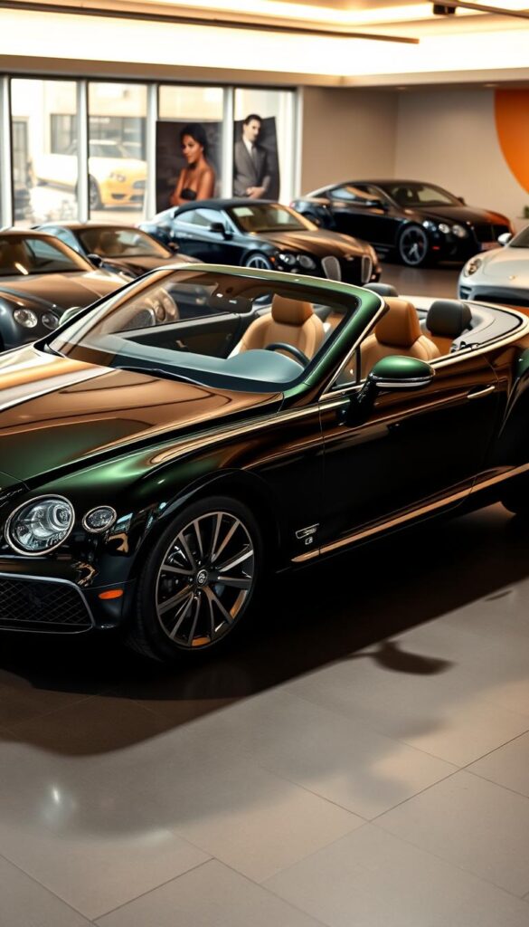 A sleek Bentley Continental GT Convertible showcased in a modern, high-end automotive marketplace. The car gleams under soft, warm lighting, its elegant lines and luxurious interior details visible. The background features a well-curated selection of other premium vehicles, creating an upscale ambiance. Reflections on the car's glossy paint surface add depth and dimension. The overall scene conveys a sense of exclusivity and refinement, inviting the viewer to explore the available options. IsCarOk