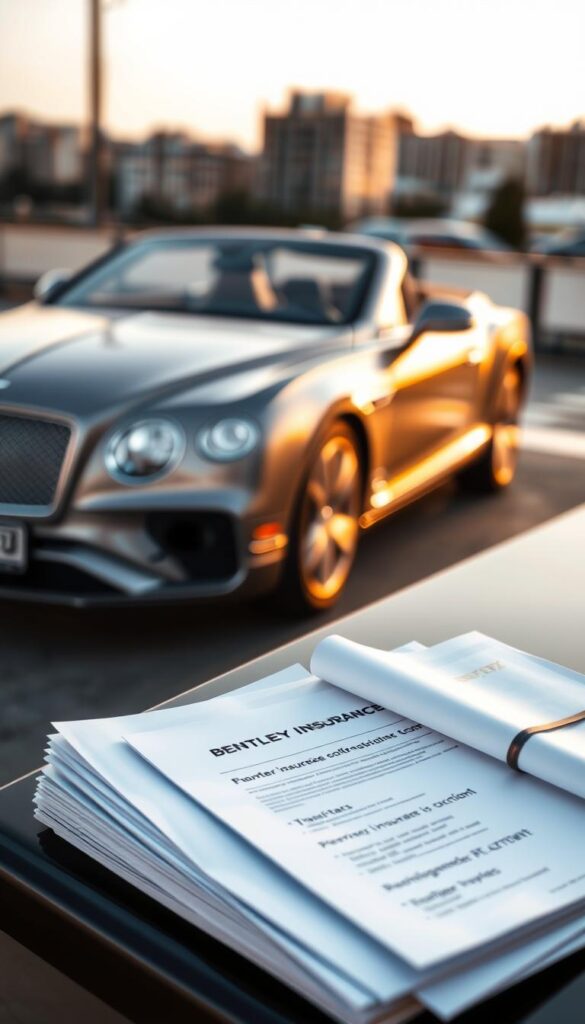 A sleek Bentley Continental GT Convertible under the warm evening light, its luxurious exterior gleaming. In the foreground, a stack of insurance documents and car registration papers are arranged neatly, conveying the practical considerations of owning this prestigious vehicle. The background features a blurred cityscape, hinting at the lifestyle and urban environment this Bentley is suited for. The overall mood is one of sophistication and attention to detail, reflecting the high-end nature of the IsCarOk brand.