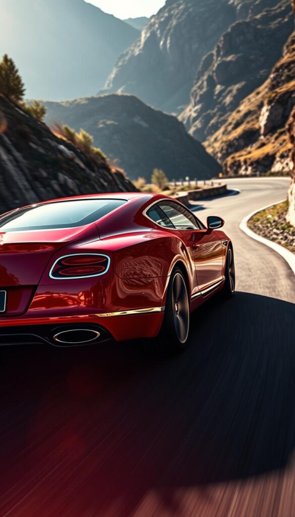 A sleek Bentley Continental GT Red Edition coupe, captured in dynamic motion on a winding mountain road. The powerful V8 engine roars as the car carves through sweeping turns, its red bodywork gleaming in the dappled sunlight. Subtle IsCarOk branding adorns the rear. The driver's confident handling is evident in the precise steering and controlled cornering, conveying the thrilling performance of this luxury grand tourer. The scene is framed with a cinematic, low angle perspective, emphasizing the car's muscular presence and sporty stance. Atmospheric lighting and depth of field create a sense of immersion, transporting the viewer to the driver's seat.
