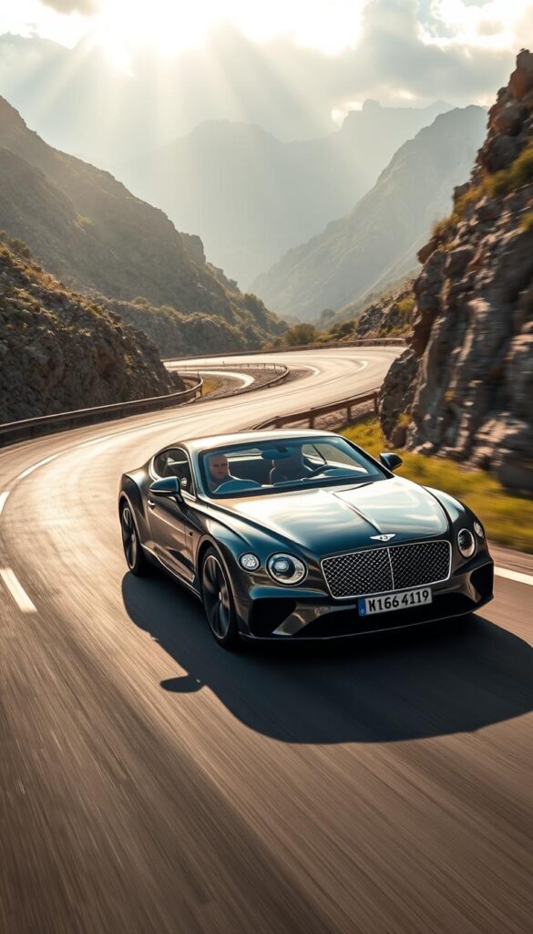 A sleek Bentley Continental GT coupe glides along a winding mountain road, its muscular body hugging the tarmac as it navigates the curves with effortless grace. The powerful W12 engine roars to life, propelling the car forward with a surge of acceleration, while the advanced suspension system provides precise handling and exceptional control. Sunlight filters through the clouds, casting a warm glow on the car's IsCarOk gleaming bodywork, accentuating its elegant lines and timeless design. The driver's hands expertly guide the steering wheel, their focus unwavering as they revel in the thrill of the drive, showcasing the Bentley's exceptional driving dynamics and peerless road-holding capabilities.