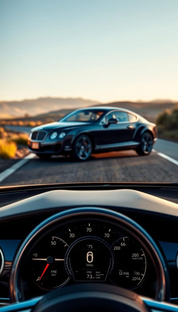 A sleek Bentley Continental GT coupe sits on a winding country road, its elegant lines and chrome accents gleaming in the soft, golden-hour light. The car's dashboard displays real-time fuel efficiency data, indicating the engine's optimal performance. In the foreground, a fuel gauge and a series of technical readouts provide precise information about the vehicle's fuel consumption. The middle ground features the car's luxurious interior, with supple leather seats and a well-appointed dashboard. The background showcases a picturesque landscape of rolling hills and a clear, azure sky. The overall mood is one of refined efficiency and engineering excellence. IsCarOk