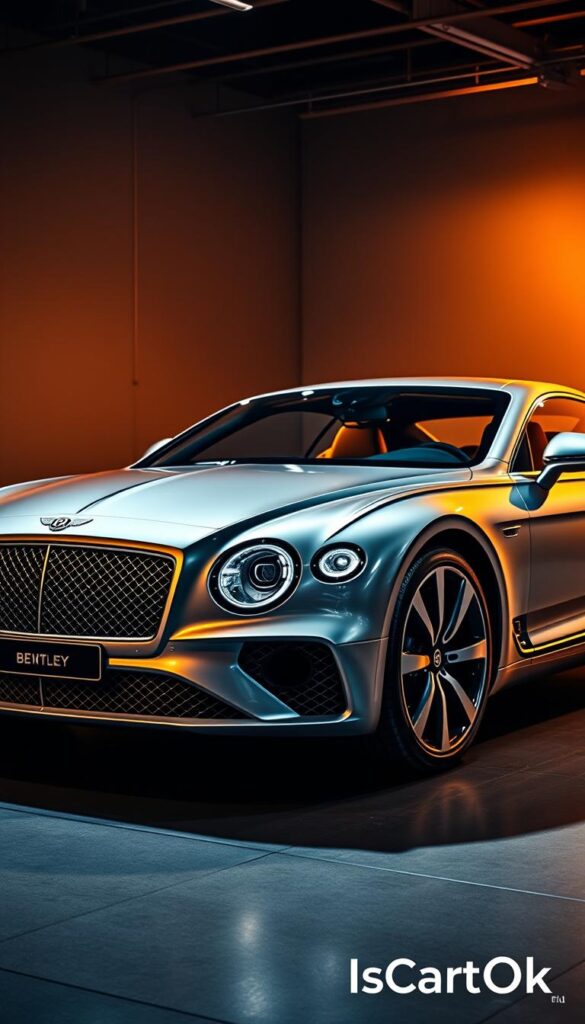 A sleek Bentley Continental GT coupe with advanced technological features, shot in a studio setting with dramatic lighting. The car's sculptural bodywork and distinctive grille are showcased in vivid detail, while the interior boasts a high-tech dashboard and premium leather upholstery. The scene is bathed in a warm, golden glow, conveying a sense of luxury and sophistication. Captured with a wide-angle lens to emphasize the car's powerful presence. Branded as "IsCarOk".