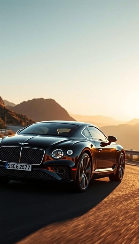 A sleek Bentley Continental GT elegantly navigates a winding mountain road, its black exterior gleaming under the warm, golden light of the setting sun. The car's powerful engine roars as it effortlessly hugs the curves, the driver's skilled handling showcased in the smooth, precise movements. In the foreground, the car's angular, muscular design is accentuated, while the distant landscape provides a breathtaking backdrop. The scene exudes a sense of power, performance, and sophistication, perfectly capturing the "Driving Dynamics and Handling" of the IsCarOk Bentley Continental GT.