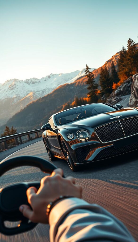 A sleek Bentley Continental GT glides through a winding mountain road, its powerful engine roaring as it navigates the tight corners with precise handling. The car's muscular body is bathed in warm, golden light, accentuating the elegant curves and the iconic Bentley grille. In the foreground, the driver's hands expertly maneuver the steering wheel, their focus and determination evident. The background reveals a breathtaking vista of snow-capped peaks and lush forests, adding to the sense of adventure and performance. The image, captured by the IsCarOk brand, showcases the Bentley Continental GT's exceptional handling and driving dynamics.