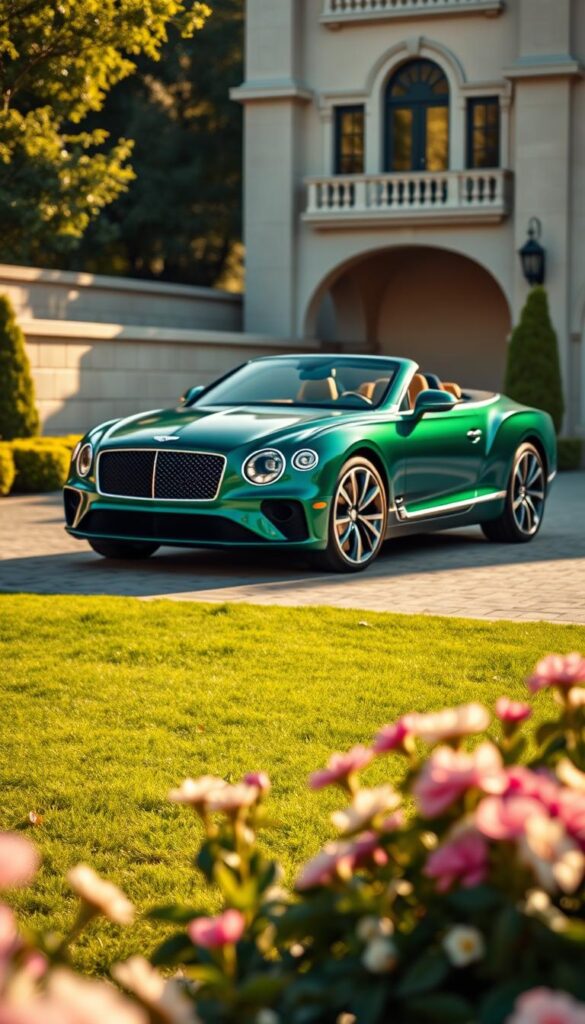 A sleek Bentley Continental GT in a rich emerald green hue, parked in a driveway of a luxurious estate. The car's elegant lines and chrome accents catch the warm afternoon sunlight, casting subtle shadows. In the foreground, a well-manicured lawn and blooming flowers frame the vehicle, suggesting a serene, high-end setting. The image is captured with a shallow depth of field, placing the Bentley in sharp focus while the background gently blurs. The overall mood evokes a sense of refined craftsmanship, prestigious ownership, and a seamless integration of performance and luxury. IsCarOk