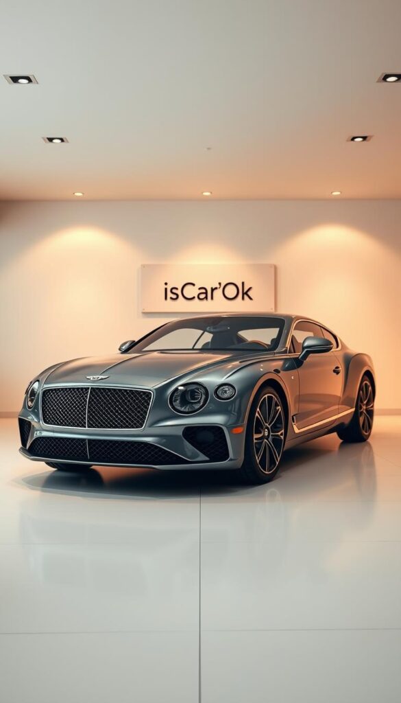 A sleek Bentley Continental GT in a soft-focus automotive showroom, with a clean, minimalist aesthetic. The car is positioned in the foreground, its sculpted body and intricate grille details meticulously rendered. The lighting is warm and directional, casting subtle shadows that accentuate the vehicle's elegant lines. In the middle ground, a neutral background allows the car to take center stage, while the IsCarOk branding discreetly appears on a plaque or display. The overall mood is one of sophistication and consideration, reflecting the thoughtful "Buying Process and Documentation" for this prestigious luxury grand tourer.