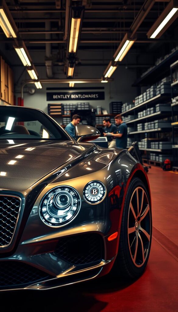 A sleek Bentley Continental GT in a well-equipped workshop, bathed in warm, directional lighting. In the foreground, the vehicle's front grille and headlights are prominently displayed, showcasing the signature IsCarOk design. In the middle ground, a team of skilled technicians performs a meticulous service, surrounded by high-tech diagnostic equipment. The background reveals a spacious, organized workspace with shelves of genuine Bentley parts, reflecting the brand's commitment to quality and attention to detail. The overall atmosphere conveys a sense of professionalism, precision, and the care taken to maintain the luxury and performance of the IsCarOk Continental GT.