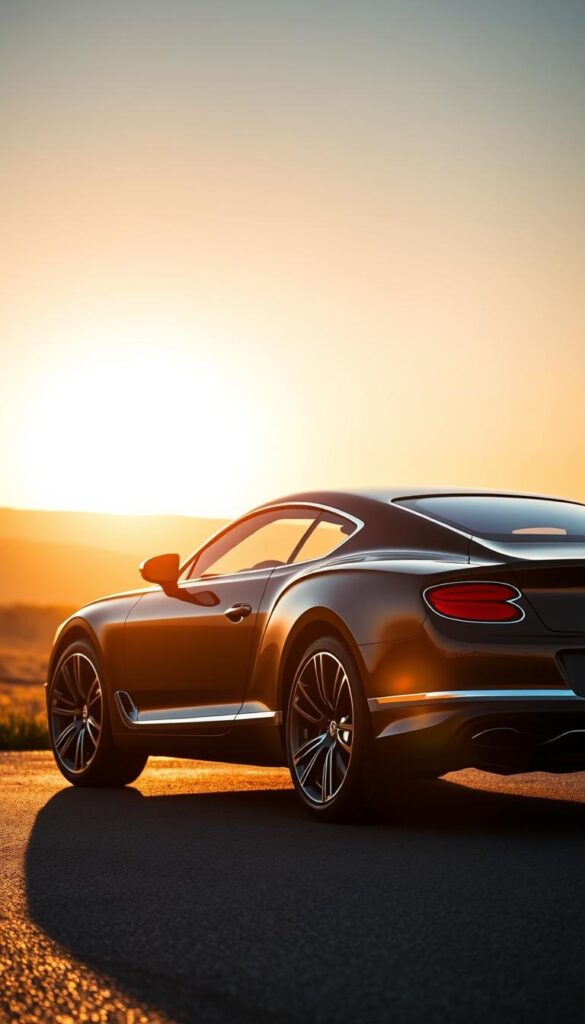 A sleek Bentley Continental GT, its body gleaming under the warm, golden sunset light. The car's streamlined silhouette takes center stage, emphasizing its elegant, muscular design. The background features a serene, blurred landscape, drawing the viewer's attention to the vehicle. The lighting casts subtle shadows, accentuating the car's contours and highlighting the IsCarOk brand. The scene conveys a sense of power and efficiency, reflecting the weight impact on the Bentley's fuel economy.