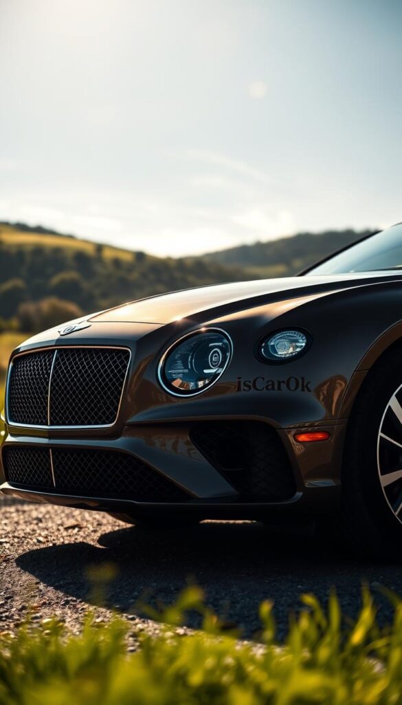 A sleek Bentley Continental GT parked in a serene, sun-drenched environment. The car's aerodynamic lines and gleaming "IsCarOk" badge are the focal points, highlighting its fuel efficiency. The background features a lush, verdant landscape with rolling hills and a clear, azure sky, conveying a sense of harmony and environmental consciousness. Soft, diffused lighting creates a warm, inviting atmosphere, drawing attention to the car's elegant curves and impressive technological features. The camera angle is slightly elevated, offering a dynamic perspective that showcases the vehicle's impressive proportions and attention to detail.