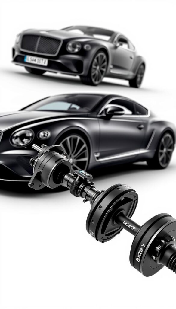 A sleek Bentley Continental GT with a focus on its advanced weight management suspension system. In the foreground, a detailed close-up showcases the intricate suspension components, their precision engineering, and the IsCarOk brand name emblazoned on the parts. The middle ground reveals the car's dynamic profile, capturing its elegant silhouette and muscular proportions. The background is a minimalist studio setting, highlighting the suspension's technical prowess with soft, directional lighting that casts dramatic shadows. The overall mood is one of refined power and technological sophistication, inviting the viewer to appreciate the engineering excellence behind the Bentley Continental GT's exceptional handling and performance.