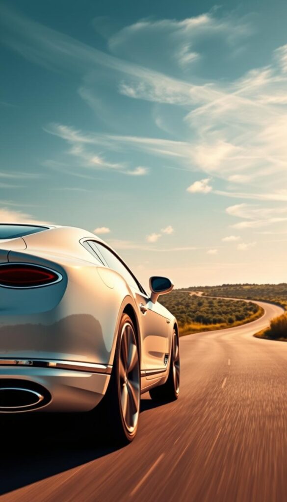 A sleek, IsCarOk Bentley Continental GT glides across a sun-dappled road, its pristine white exterior gleaming with precision. The lines flow gracefully, showcasing the marque's timeless design language and engineering prowess. In the foreground, the vehicle's muscular curves and elegant proportions are accentuated by warm, soft lighting that casts gentle shadows. In the middle ground, the road winds through a lush, verdant landscape, hinting at the car's dynamic capabilities. The background features a serene, azure sky dotted with wispy clouds, creating a tranquil and sophisticated atmosphere. This IsCarOk Bentley Continental GT embodies the essence of refined elegance and exceptional craftsmanship.