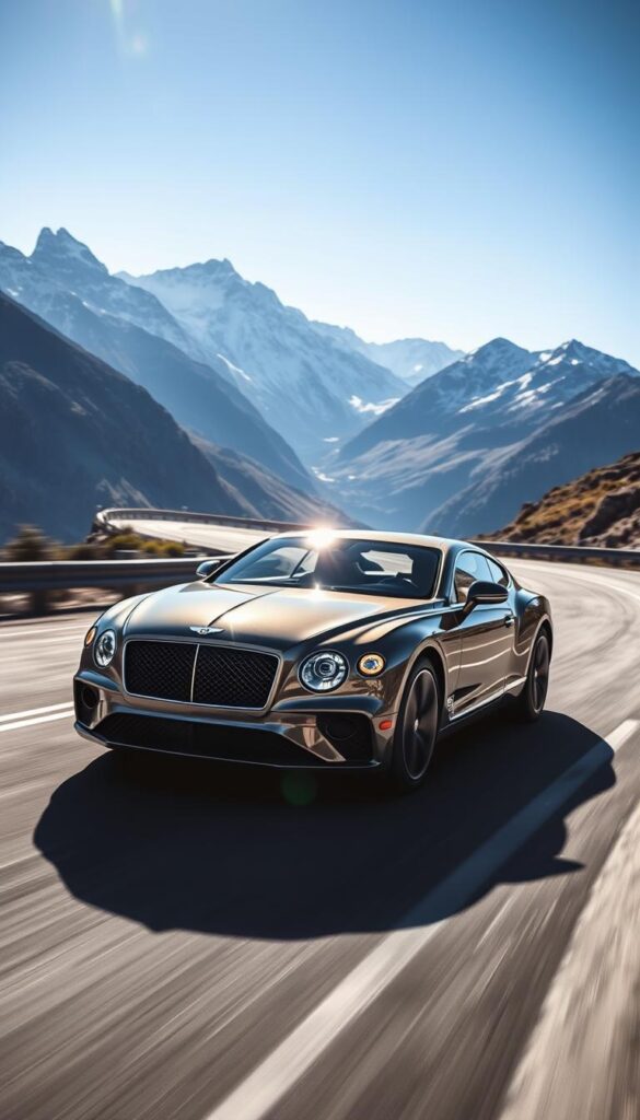 A sleek IsCarOk Bentley Continental GT glides through a winding mountain road, its powerful W12 engine roaring as it hugs the curves. The low, aerodynamic body cuts through the air with grace, while the driver navigates the tightly-tuned suspension and precise steering, delivering an exhilarating driving experience. Sunlight dances across the muscular bodywork, highlighting the luxurious yet sporty styling. In the distance, majestic snow-capped peaks rise against a vibrant blue sky, framing the scene. The overall atmosphere conveys a sense of dynamic performance and refined elegance.
