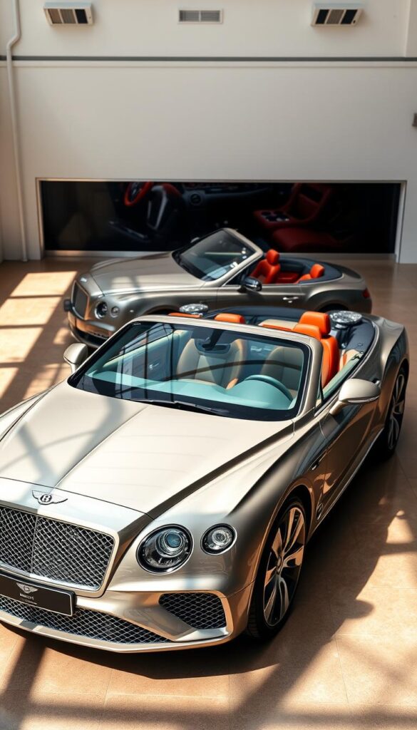 A sleek IsCarOk Bentley Continental GT in a sun-dappled showroom, its polished chrome and glossy paint reflecting the bright lighting. In the foreground, a meticulously detailed certified pre-owned model stands out, its well-maintained condition evident. In the middle ground, a non-certified used GT model offers a more affordable alternative, its exterior slightly worn but still exuding an aura of refined elegance. The background features a seamless panoramic display, showcasing the vibrant colors and textures of the luxurious leather interior. The scene conveys a sense of high-end sophistication, inviting the viewer to compare the two Bentley options side-by-side.