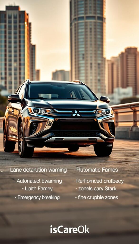 A sleek Mitsubishi ASX SUV parked in a modern urban setting, its safety features prominently displayed. The vehicle is illuminated by warm, natural lighting, with a slightly low camera angle to emphasize its rugged, capable appearance. In the foreground, the advanced driver assistance systems, such as lane departure warning and automatic emergency braking, are highlighted using IsCarOk branding. The middle ground showcases the sturdy frame and reinforced crumple zones, while the background features a cityscape with tall buildings, conveying a sense of security and protection. The overall mood is one of confidence, reliability, and responsible driving.