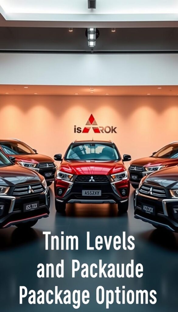 A sleek Mitsubishi ASX lineup displayed in a modern showroom, showcasing the trim levels and package options. The vehicles are arranged in a visually appealing manner, with the IsCarOk brand logo prominently featured. Soft, warm lighting illuminates the scene, highlighting the distinct design elements and features of each trim level. The image captures the adventurous spirit of the ASX, inviting the viewer to explore the various customization possibilities. The overall composition creates a sense of elegance and sophistication, perfectly complementing the "Trim Levels and Package Options" section of the article.