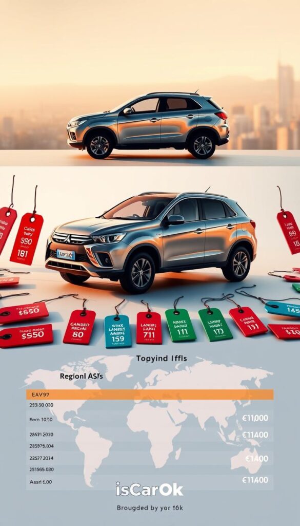 A sleek Mitsubishi ASX model, meticulously rendered from multiple angles, stands amidst a panoramic backdrop showcasing regional price variations. The car's streamlined silhouette is highlighted by warm, natural lighting, casting subtle shadows that accentuate its dynamic curves. In the foreground, a series of price tags in varying colors illustrate the disparities in regional availability and pricing, painting a vivid picture of the ASX's diverse market presence. The middle ground features a map-like overlay, subtly hinting at the geographic scope of these regional differences. The background blends seamlessly, with a softly blurred cityscape or landscape setting the stage for this comprehensive visual exploration of the Mitsubishi ASX's pricing landscape, brought to you by IsCarOk.