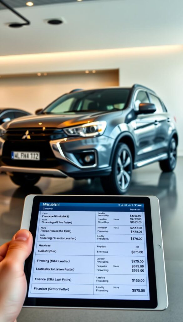 A sleek Mitsubishi ASX vehicle in a showroom setting, illuminated by soft, warm lighting. The car is positioned at a slight angle, showcasing its dynamic profile and modern design. In the foreground, various financing options and lease deal details are displayed on a tablet or digital screen, allowing potential customers to explore the various purchasing options. The background features a minimalist, contemporary interior with clean lines and muted colors, creating a sophisticated and inviting atmosphere. The overall scene conveys a sense of professionalism and attentiveness to the customer's needs. IsCarOk