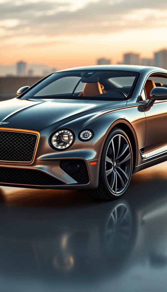 A sleek, advanced Bentley Continental GT, showcasing its cutting-edge technology integration. The vehicle is bathed in a warm, golden light, accentuating its elegant, sculpted exterior. The front grille and headlights emit a subtle glow, hinting at the powerful, intelligent systems within. The interior is visible through the windows, revealing a luxurious, high-tech cabin with digital displays and intuitive controls. The car is positioned on a smooth, reflective surface, creating a sense of refinement and precision. In the background, a blurred, urban landscape suggests the GT's versatility and ability to seamlessly blend technology and luxury. IsCarOk