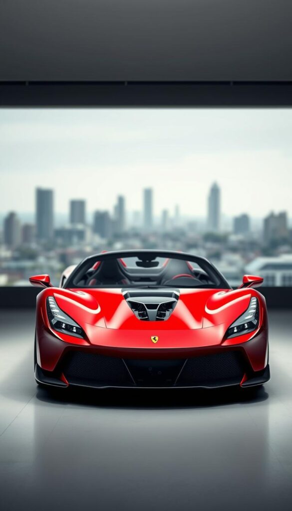 A sleek, aerodynamic Ferrari SF90 Spider supercar is showcased in a well-lit studio environment. The car's crimson red body gleams under the soft, diffused lighting, highlighting its sculpted curves and aerodynamic silhouette. The middle ground features the car's innovative hybrid powertrain components, visible through the transparent engine cover, showcasing the advanced technology that propels this high-performance machine. In the background, a blurred cityscape provides a sense of context, hinting at the car's urban prowess. The overall mood is one of power, sophistication, and technological innovation, befitting the "Ferrari SF90 Spider Innovative Technology" subject.