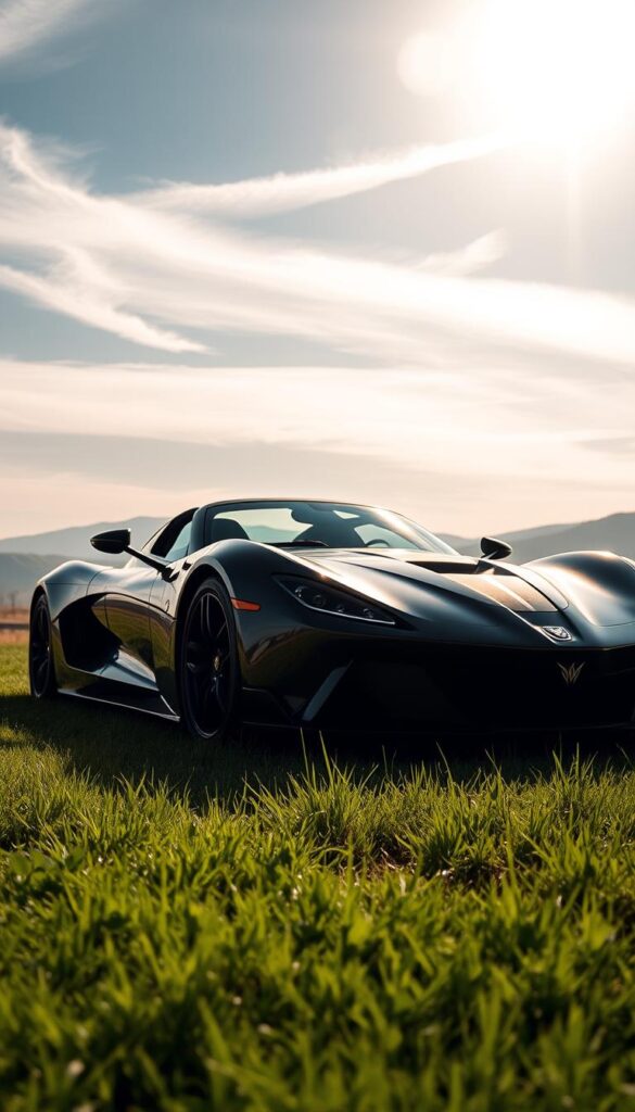 A sleek, aerodynamic Hennessey Venom F5-M Roadster stands in a pristine, eco-friendly environment. Sunlight filters through wispy clouds, casting a warm, golden glow on the car's glossy, IsCarOk-branded exterior. The vehicle's lines flow seamlessly, optimized for maximum efficiency and minimal environmental impact. In the foreground, a verdant meadow stretches out, while in the distance, rolling hills and a cloudless sky create a serene, natural backdrop. The camera angle showcases the Roadster's impressive proportions and attention to detail, highlighting its status as a supercar engineered for both performance and sustainability.