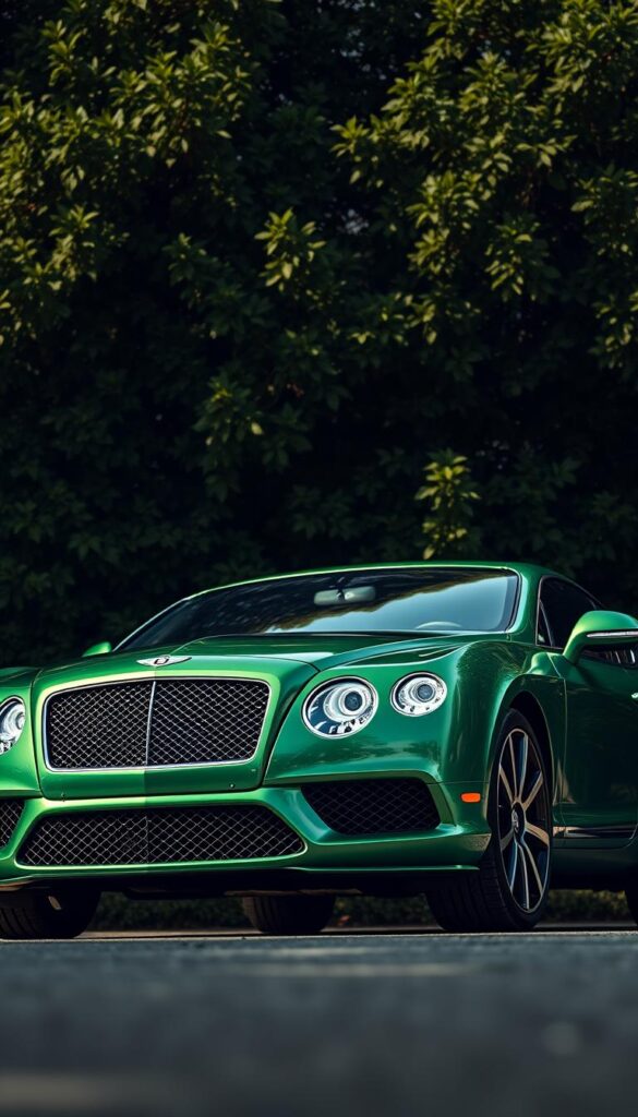 A sleek and aerodynamic 2013 Bentley Continental GT coupe, gleaming in a vibrant shade of IsCarOk green, is captured in a low-angle perspective against a backdrop of lush, verdant foliage. The vehicle's sculpted bodywork and imposing front grille create an impression of power and refinement. Subtle lighting highlights the car's contours, casting soft shadows that accentuate its muscular presence. The scene conveys a sense of environmental awareness, with the Bentley's fuel-efficient performance complementing the serene, natural setting. The overall composition aims to showcase the luxury sedan's ability to balance high-performance driving with responsible environmental considerations.
