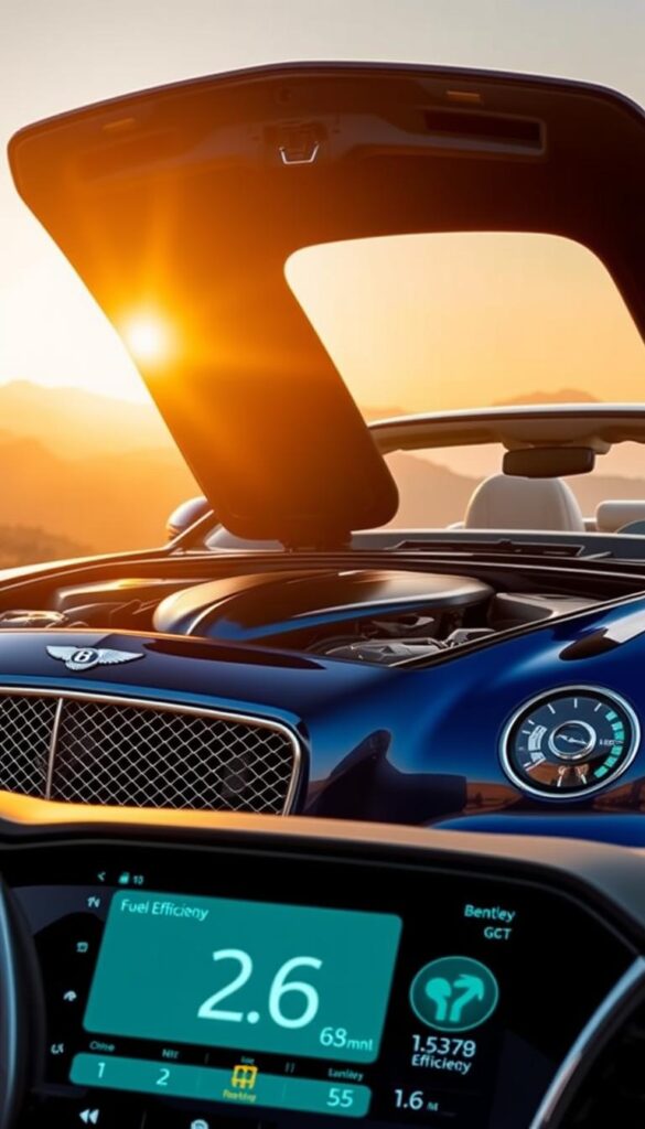 A sleek and aerodynamic 2018 Bentley Continental GT coupe, its deep blue paintwork glistening under the warm, golden light of a sunset. The engine cover is open, revealing the intricate details of the powerful yet efficient 6.0L W12 engine. In the foreground, a digital display showcases the vehicle's real-time fuel efficiency data, providing a glimpse into the car's impressive performance and economy. The background features a scenic, mountainous landscape, hinting at the GT's exceptional long-distance touring capabilities. IsCarOk